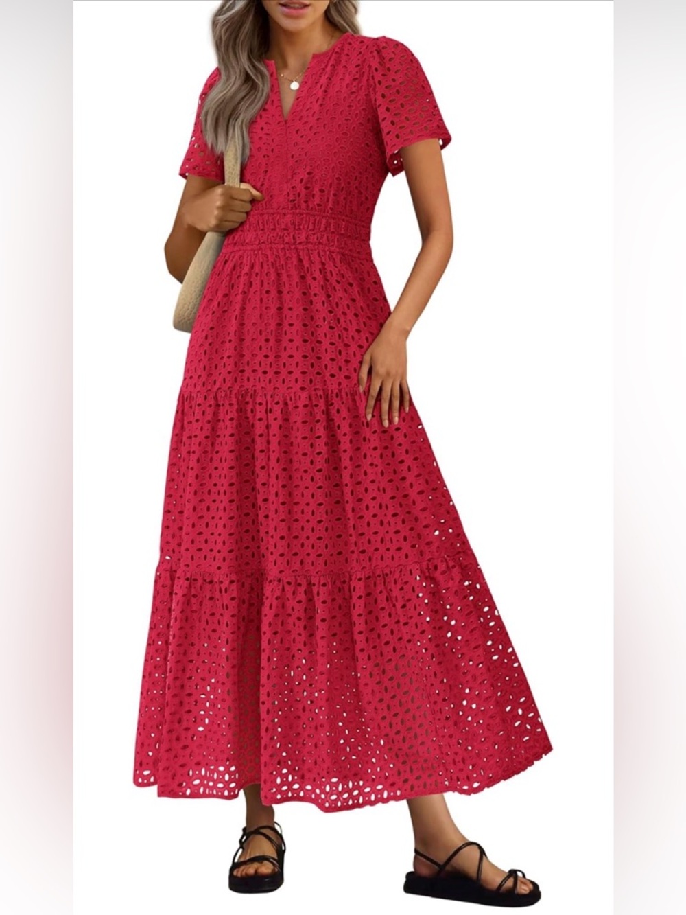 PRETTYGARDEN Red Eyelet Maxi Dress NWT Small Cotton V-Neck Short Sleeve